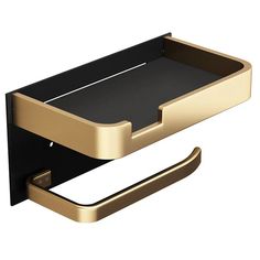 a black and gold tray with two handles on each side that is holding a towel rack