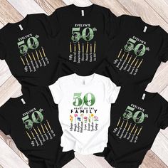 Celebrate a milestone 50th birthday with a truly unique and personal touch with our 50th party t-shirts! Birthday celebrant's shirt features a special design adorned with the birth flowers of their grandchildren or children. Each flower is paired with the name of the grandchild or child, creating a beautiful and meaningful tribute to family.  For the birthday crew, personalized shirts can include the celebrant's name and features a heartfelt message, making everyone feel part of this special mil Party T Shirts, 50th Birthday Shirts, 50th Party, Birthday Mom, Group Shirts, 50th Birthday Gifts, Birth Month Flowers, Custom Shirt, Birth Flowers