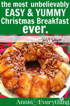 an advertisement for the christmas breakfast is shown in green and white with words on it