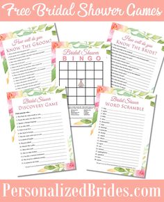 three flower bridal shower games with the words, free printables and flowers