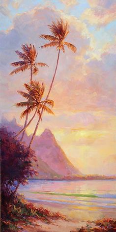 an oil painting of palm trees on the beach at sunset with mountains in the background