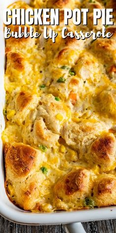 chicken pot pie bubble up casserole in a white dish