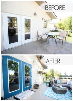 the before and after pictures of a patio makeover with blue doors, white walls and furniture