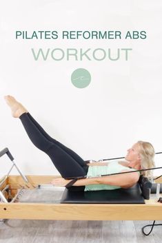 a woman doing pilates on a bench with the words pilatess perform abs workout