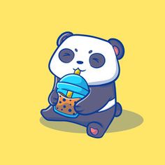 a cartoon panda bear holding a cup with a drink in it's hand and eating an ice cream cone