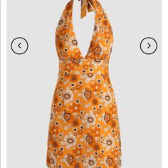 Never Worn. Still In The Bag Orange Floral Print Mini Dress For Date Night, Orange Mini Dress With Floral Print For Date Night, Retro Floral Print Mini Dress For Vacation, Retro Mini Dress For Vacation, Retro Halter Neck Beach Dress, Retro Halter Neck Mini Dress For Spring, Retro Mini Dress For Brunch, Retro Beach Mini Dress For Spring, Vintage Orange Mini Dress For Beach