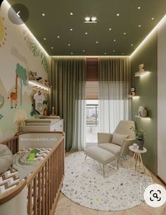 a baby's room decorated in green and white