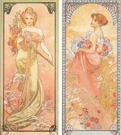 two art nouveauist style playing cards, one with an image of a woman holding flowers