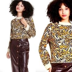 Lusciously Tight-Knit Cozy Sweater In A Pixelated Tiger Print In Cream, Black, And Yellow. Ribbed Cuffs. A Truly Beautiful Designer Piece At An Affordable Price! Approx Measurements Laying Flat: Length 24", Pit To Pit 21.5" Materials: 60% Cotton, 30% Nylon, 10% Wool Condition: Nwt. Brand New With Tags. The Price Tag Has Been Snipped Partway Off. Bundle Any 3 Or More Items From My Closet To Automatically Receive An Extra 15% Discount On Your Whole Purchase! Tie Dye Crewneck Sweatshirts, Fall Knit Sweater, Cropped Cable Knit Sweater, Animal Print Sweater, Merino Sweater, Alpaca Sweater, Crochet Halter Tops, Print Sweater, Rachel Comey