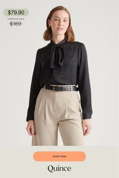 This polished blouse combines the best of both worlds. Wear the ties in a ladylike bow at the neck or leave them long and loose — whatever your mood calls for. Made of our bestselling premium mulberry silk, it has a hint of stretch for a flexible fit. Even better, it’s washable. As a bonus, silk fiber contains 18 kinds of amino acids that make it amazing for skin nourishment, hypo-allergenic, and naturally thermoregulating to help maintain body temperature.  | Quince | Women's Washable Stretch S Formal Silk Tie Neck Blouse, Silk Tie Neck Blouse For Formal Occasions, Formal Silk Tie-neck Blouse, Classic Silk Blouse With Tie Neck, Elegant Semi-formal Tie Neck Blouse, Elegant Tie Neck Blouse For Semi-formal Occasions, Elegant Tie Neck Blouse For Semi-formal Events, Elegant Silk Tops With Bow, Elegant Silk Tops With Bow Detail