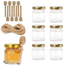 mason jars with wooden dows and twine for decoration, set of 6 - gold