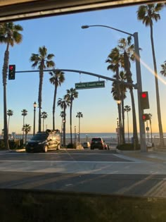 palm trees line the street in front of an oceanfront with traffic lights and signs