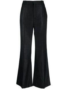 black silk virgin-wool blend belt loops box-pleat design two rear welt pockets flared hook and zip fly fastening straight hem Elegant Flared Wide Leg Pants With Belt Loops, Elegant Wide Leg Flare Pants With Belt Loops, Formal Flared Wide Leg Pants With Belt Loops, Formal Flare Pants With Belt Loops, Formal Flare Bottoms With Belt Loops, Elegant Flare Pants With Belt Loops, Elegant Flare Bottoms With Belt Loops, Black Flared Wide Leg Pants For Formal Occasions, Black Fr