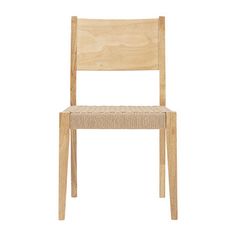 a wooden chair with woven seat and backrests on a white background, side view