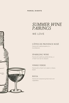 In honor of the summer entertaining season, we thought we’d share some of the Parcel Event team’s favorite seasonal wine pairings. Click the the link to follow us on Instagram for even more entertaining hacks, and give these tasty combos a try. ✨🥂 Wine Bar Menu Design, Wine Business Ideas, Unique Menu Design, Wine Menu Design, Wine Pairing Menu, Bar Menu Design, Wine Brochures, Menu Presentation, Menu Design Ideas