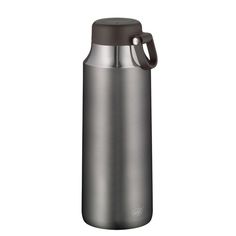 thermos stainless steel water bottle is shown with an open lid and looped handle