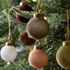 christmas ornaments hanging from the branches of a tree