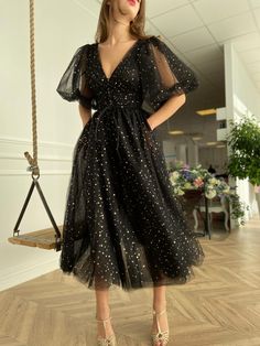 Gown - Teuta Matoshi Duriqi Starry Night Dress, Tea Length Prom Dress, Sequin Homecoming Dress, Prom Dresses With Pockets, Evening Dresses With Sleeves, Lace Formal Dress, Party Kleidung, Black Prom, Custom Size Dresses