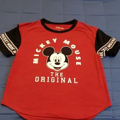 Mickey Mouse, The Original- Logo T-Shirt. Fabrication Tag Attached. Love The Sleeves With Logo Print. Great Fun Tee To Have! Never Worn. Minnie Mouse Crew Neck Top For Disney Events, Sporty Mickey Mouse Crew Neck Top, Minnie Mouse Graphic Tee Short Sleeve, Minnie Mouse Graphic Tee Short Sleeve Top, Fun Mickey Mouse Short Sleeve Tops, Pop Culture Red T-shirt With Logo Print, Red Pop Culture T-shirt With Logo Print, Trendy Red T-shirt With Character Print, Red Character Print Top