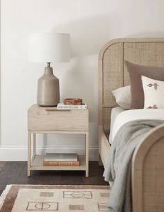 a bedroom with a bed, nightstand and lamp on the side table in front of it