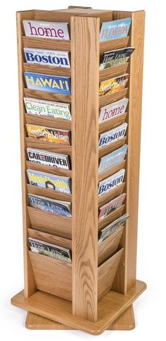 a wooden magazine rack with magazines in it