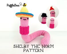 a crocheted toy with a hat and arm in the shape of a worm