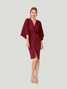 Bruna Cher Dress Elegant Ruched V-neck Dress For Date Night, Elegant V-neck Faux Wrap Dress, Evening V-neck Faux Wrap Dress, Ruched V-neck Wrap Dress For Night Out, Elegant Ruched V-neck Dress For Brunch, Wrap Dress With Draped Sleeves For Party, Elegant Midi Dress With Ruched Detail And V-neck, Party Wrap Dress With Draped Sleeves, Party Midi Dress With Draped Sleeves And Surplice Neckline