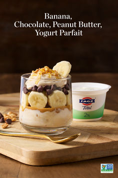 banana, chocolate, peanut butter, yogurt parfait