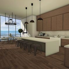 an artist's rendering of a kitchen and living room with large windows overlooking the ocean