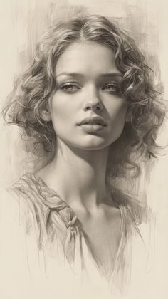 a pencil drawing of a woman's face with curly hair and eyeshade