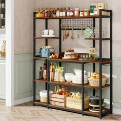 an open kitchen shelving unit with various items on it