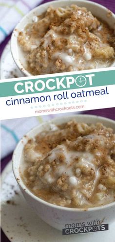 crockpot cinnamon roll oatmeal in a white bowl