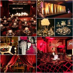 a collage of photos with red and white lighting in the center, black background