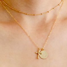 Dainty gold cross and coin necklace for everyday ware Gold Dainty Coin Necklace For Layering, Dainty Gold Coin Necklace For Layering, Gold Cross Necklace With Coin Pendant, Gold Coins, Necklace Sizes, Gold Filled Chain, Chain Lengths, Spring Rings, Gold Filled