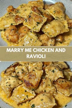 chicken and ravioli with gravy is shown in two separate images, the same one