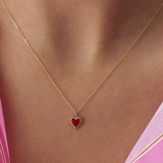 14k Gold Vintage Heart NecklaceDetailsAvailable in 14k Gold, 14k Rose Gold, and 14k White GoldTotal Weight: 1.12 GrColor Selection: Yellow, Rose, WhiteChain: 14k Gold and 45 cm (18 inches) *Model in the photo wears 18 inches (45 cm) chain.GiftingEach design will arrive artfully presented in our branded gift boxes wrapped in a signature ribbon. Production & Delivery Production: 5 - 7 business days Delivery: 1 - 3 business days worldwide via Express Delivery We’re here to help with style advice, a Vintage Heart Necklace, Red Heart Necklace, Candle Table, Style Advice, Gold Heart Necklace, Fancy Jewelry, Vintage Heart, Gold Enamel, Body Jewellery