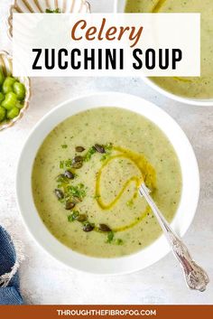 two bowls of celery zucchini soup on a table