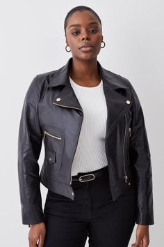 Style: Biker Jacketdesign: Plainfabric: Leatherlength: Regularneckline: Collaredsleeve Length: Long Sleeve Luxury Plus Size, Plus Size Leather, Plus Size Belts, Jacket Collection, Wardrobe Wishlist, Leather Pocket, Packable Jacket, Woven Jacket, Jean Trends