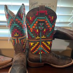 Brand New With Tags Aztec Print Size 6.5 Traditional Leather Sole Goat/ Mad Dog Bone Leather Colorful And Intricate Stitching On Shaft 1.5" Heel Square Toe 11" Shaft Height Multicolor Leather Boots With Snip Toe, Multicolor Western Boots With Snip Toe, Multicolor Leather Western Boots, Western Multicolor Leather Boots, Multicolor Western Leather Boots, Western Wide Calf Knee-high Boots With Square Toe, Western Mid-calf Boots With Square Toe And Reinforced Heel, Western Medium Width Knee-high Boots, Johnny Ringo