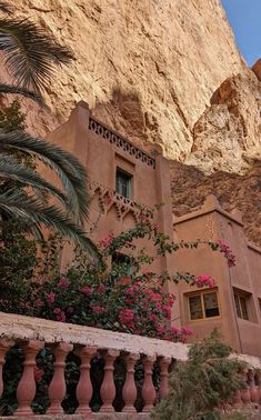 an adobe building with pink flowers in front of a mountain