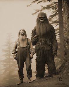 an old photo of a man standing next to a bigfoot