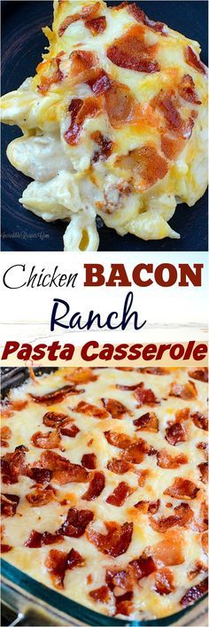 chicken bacon ranch pasta casserole in a glass baking dish with text overlay