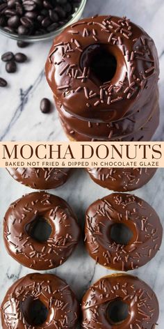 chocolate doughnuts stacked on top of each other with coffee beans in the background