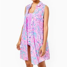 Lilly Pulitzer Sleeveless Coverup. Prosecco Pink Dont Be Jelly Pink Sleeveless Tank Top For Beach Season, Pink Sleeveless Beachwear Tank Top, Pink Sleeveless Tank Top For Beachwear, Pink Sleeveless Tank Top For Daywear, Flattering Bathing Suit, Cute Summer Outfits, Cover Up Dress, Shirtdress, Summer Outfits Women