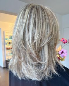 Medium Layered Gray Haircuts, Hair Cuts For Older Women Over 50 Medium, Long Layered Bobs Mid Length, Shoulder Length Layered Gray Hair, Blonde Hair For Women Over 50 Mid Length, Michelle Morgan Hair, Long Layered Haircuts For Gray Hair, Over 50 Mid Length Hairstyles, White Layered Hair