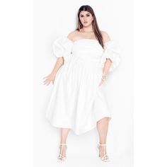 Look ethereal wearing our Rosalee Dress. Boasting a off-shoulder puff sleeve for a feminine touch, and a all-over ruched design to enhance your silhouette, the flare skirt beautifully flatters your curves for a stunning look sure to make you shine. Bold and fiercely fashionable, no one does plus size fashion like City Chic. Loved around the globe for its diverse range of fashion-forward styles for any occasion. From show-stopping evening gowns to workwear and casualwear, City Chic will take your Maxi Bodycon Dress, Shirt Dress Summer, Midi Shift Dress, Mini Skater Dress, Puffed Sleeves Dress, City Chic, Chic Woman, Knitting Women, Flare Skirt