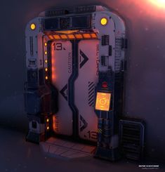 a sci - fi looking room with some lights on the door and other items around it