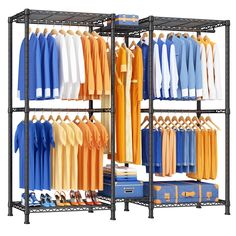 an open rack with shirts and suitcases hanging on the sides, in front of a white background