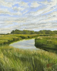 an oil painting of a river in the grass