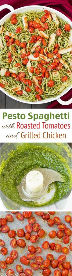 pesto pasta with roasted tomatoes and grilled chicken is an easy dinner recipe that's ready in under 30 minutes